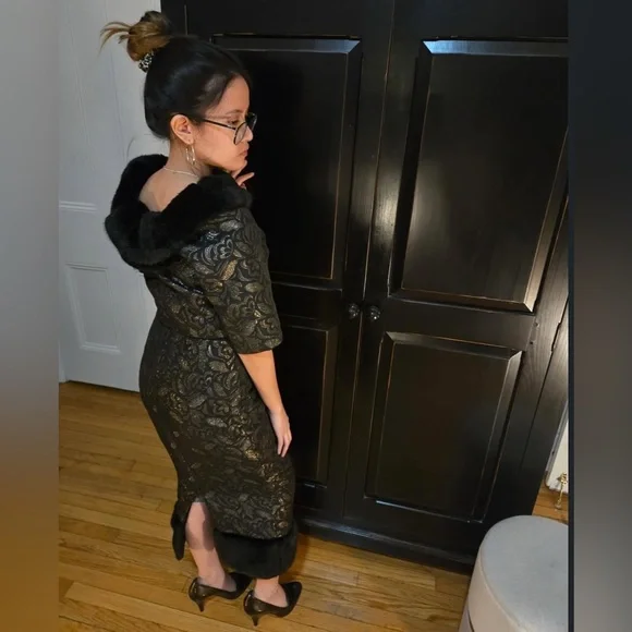 Collectif Black and Gold Juliette Jacquard Pencil Dress - Picture 11 of 11